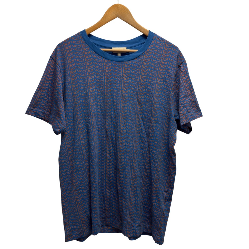 Fiorucci Men's Sz Large Blue Orange AOP Spellout Logo Crewneck T-Shirt Italy euc - Picture 2 of 7